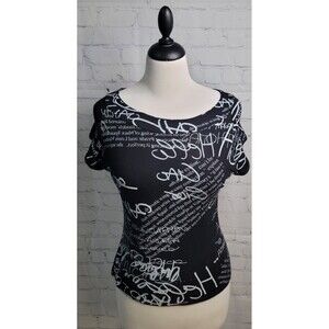 Vintage Signature SS Top size Med Black with White Words made in USA Tie Back